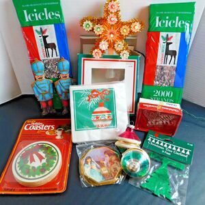 Vintage Christmas LOT 12 pc, 1994 Light Tree Star (works), Shiny Bright, Tinsel